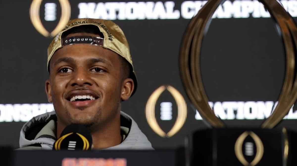 Clemson quarterback Deshaun Watson smiles during news conference on Jan. 10, 2017, in Tampa, Fla. Clemson defeated Alabama 35-31 in the College Football Playoff National Championship Game the night before. Watson was the offensive player of the game. (AP Photo/Chris O'Meara)