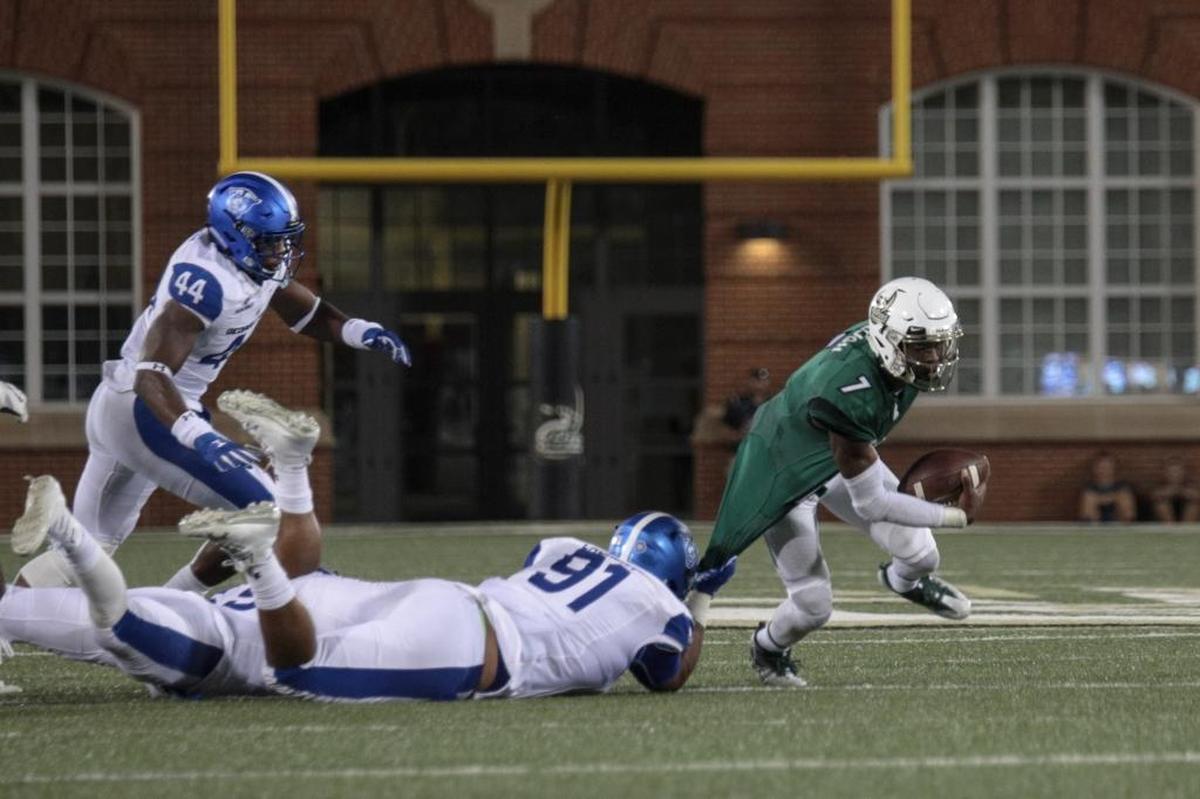 Georgia State’s Julien Laurent (91) sacks Charlotte 49ers quarterback Hasaan Klugh in Saturday’s college football game at Richardson Stadium.
