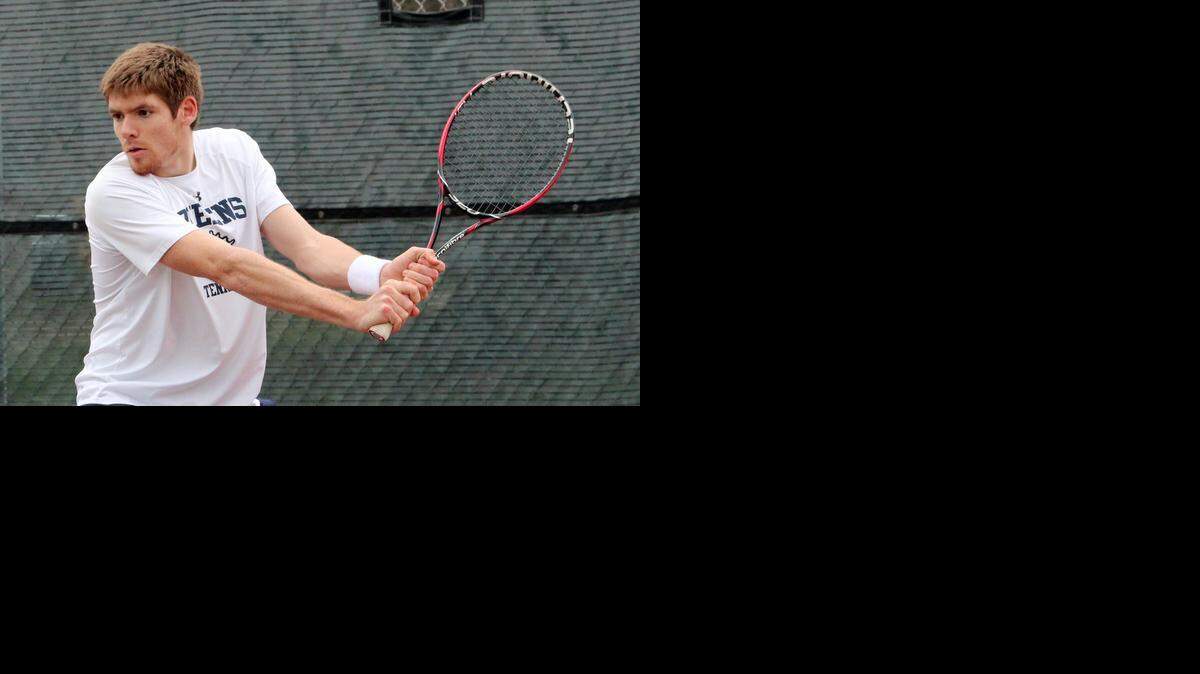 
Queens University of Charlotte men’s tennis player Per-Erik Soler prepares for a backhand during his No. 1 singles match against Francis Marion’s Gavin Davison on Feb. 1. Soler, a junior, is 10-1 at No. 1 singles for the Royals this season. 
