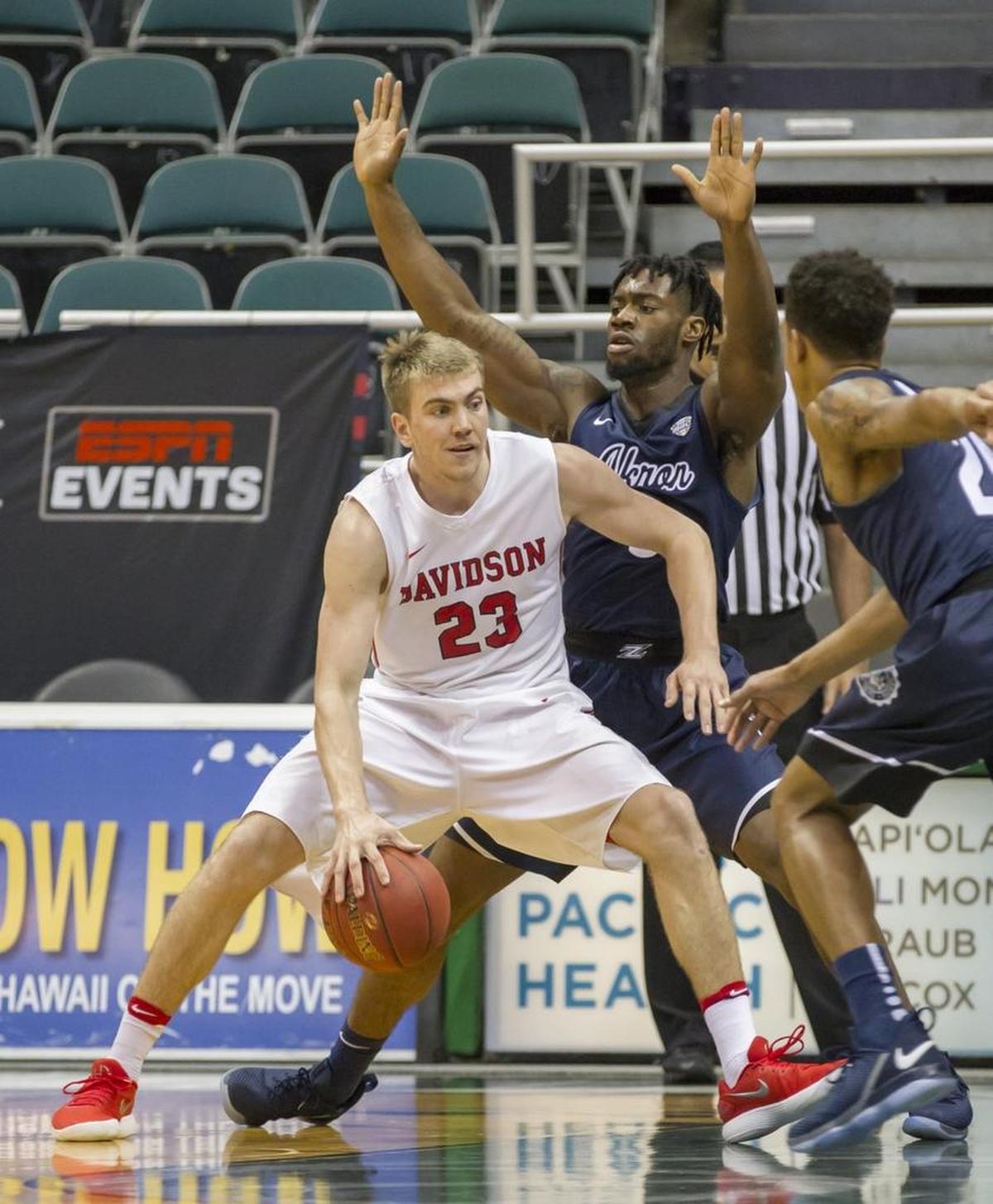 Davidson forward Peyton Aldridge (23) scored 16 points in the Wildcats’ 91-78 win against Akron on Monday at the Diamond Head Classic in Honolulu.