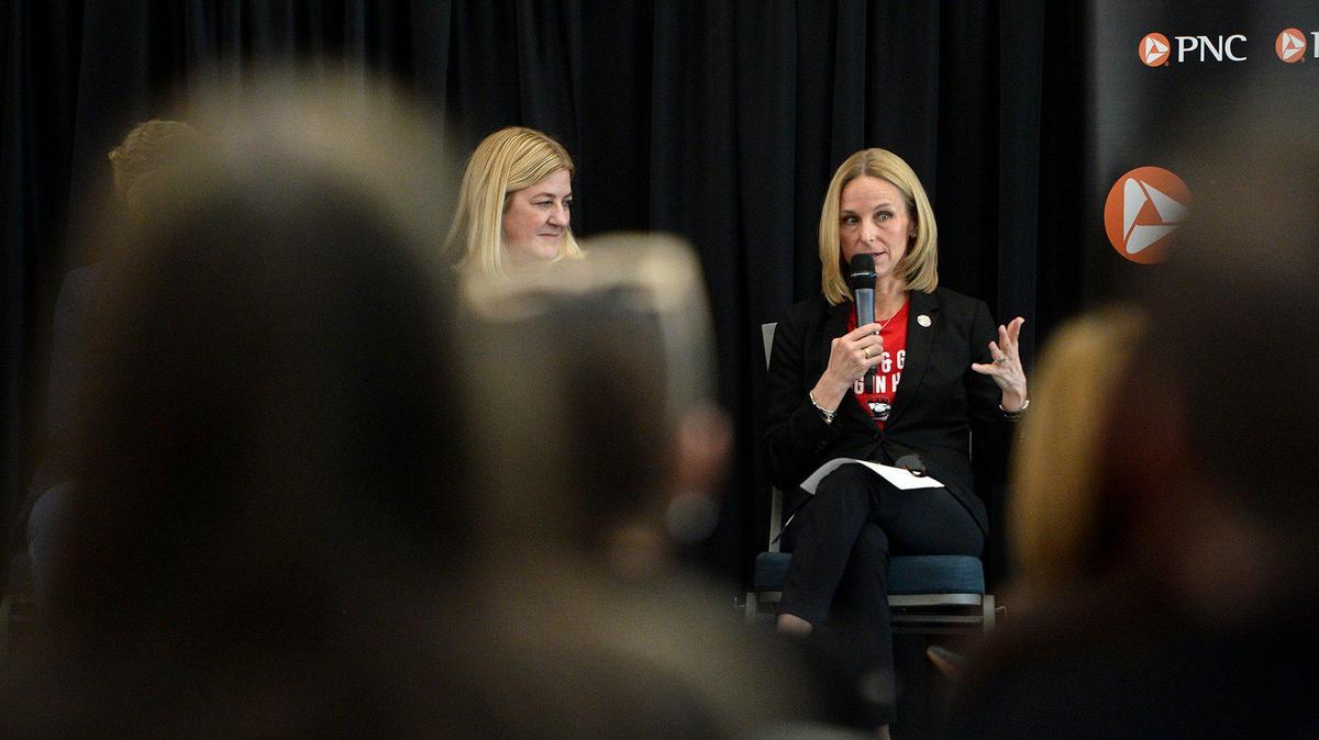 Along with several other female business leaders from across Charlotte, Tera Black (right), Charlotte Checkers COO, took part in a panel discussion marking International Women’s Day at Bojangles Coliseum on Saturday, Mar. 8, 2025.