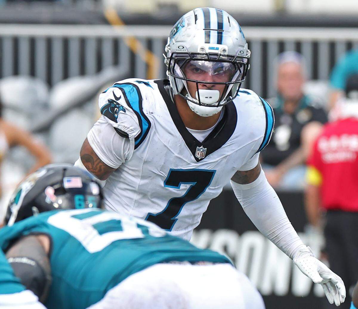 Carolina Panthers safety Tre'von Moehrig waits for the snap during action against the Jacksonville Jaguars on Sunday, September 7, 2025 at Everbank Stadium in Jacksonville, Florida. The Jaguars defeated the Panthers 26-10.