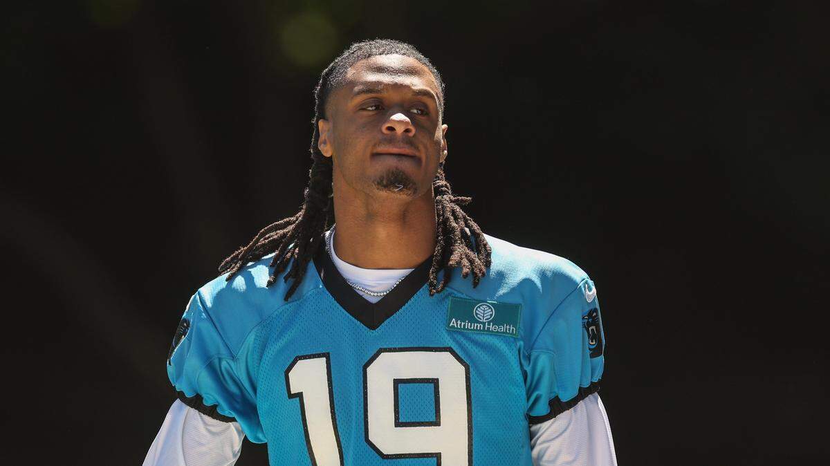 Wide receiver Chris Brazzell walks from Bank of America Stadium to the Carolina Panthers practice facility for rookie minicamp on Friday, May 8, 2026.