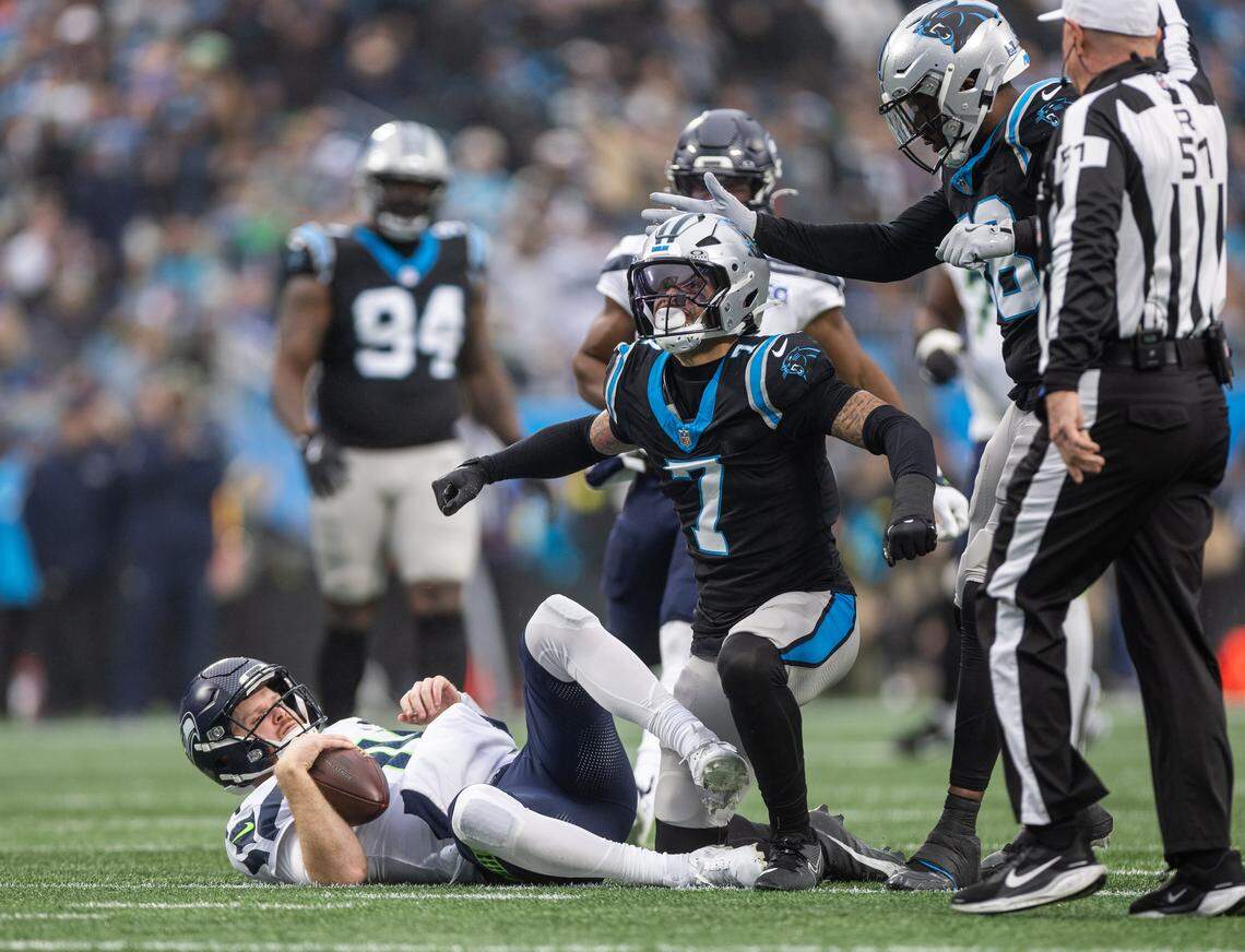 Carolina Panthers safety Tre'Von Moehrig celebrates after a sack against the Seattle Seahawks at the Bank of America Stadium in Charlotte on Dec. 28, 2025.
