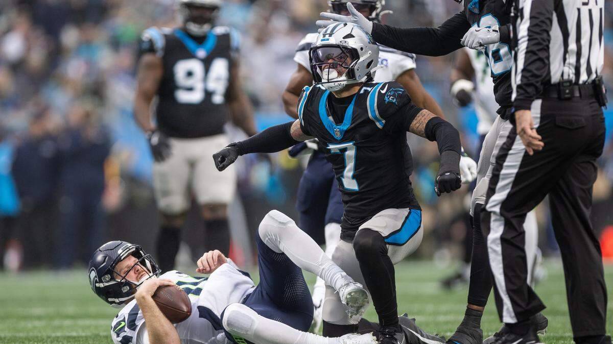Carolina Panthers safety Tre'Von Moehrig celebrates after a sack against the Seattle Seahawks at Bank of America Stadium in Charlotte on Dec. 28th. The Panthers play Tampa Bay Saturday at 4:30 p.m., with the NFC South title at stake.