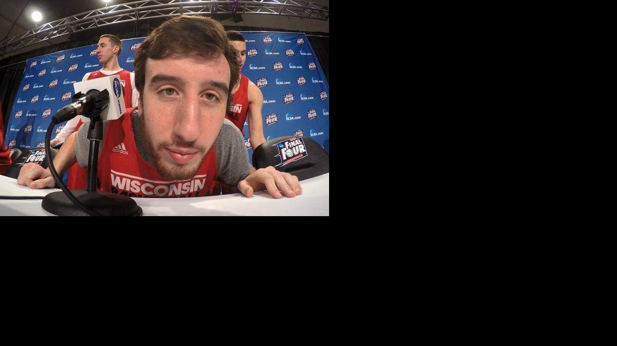 
Wisconsin's Frank Kaminsky looks at a camera during the first half of the NCAA Final Four college basketball tournament championship game Sunday, April 5, 2015, in Indianapolis. 
