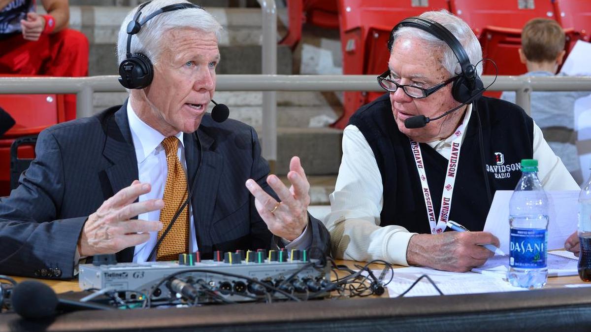 John Kilgo, right, interviews longtime Davidson men’s basketball coach Bob McKillop in 2015 on the Wildcats’ radio network. On Tuesday, the 82-year-old Kilgo said he’s calling it a career.