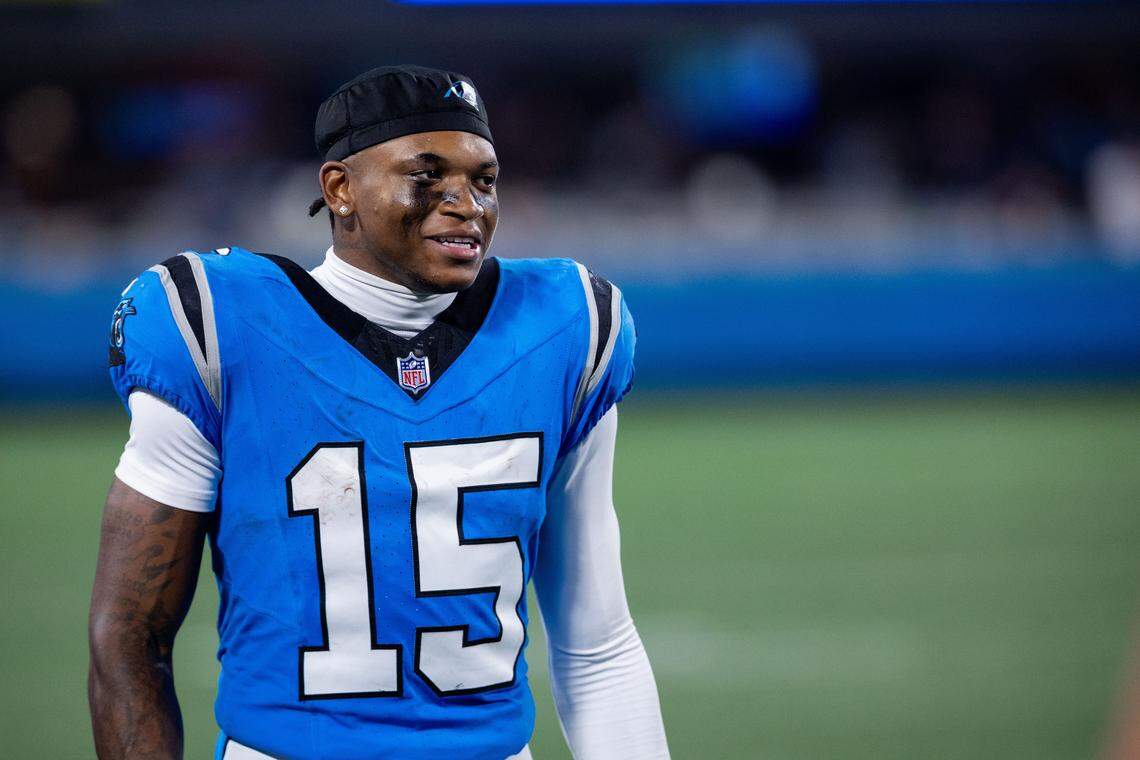 Aug 8, 2025; Charlotte, North Carolina, USA; Panthers wide receiver Jimmy Horn Jr. (15) watches from the sideline during the fourth quarter against the Cleveland Browns at Bank of America Stadium. Mandatory Credit: Scott Kinser-The USAToday Network via Imagn Images
