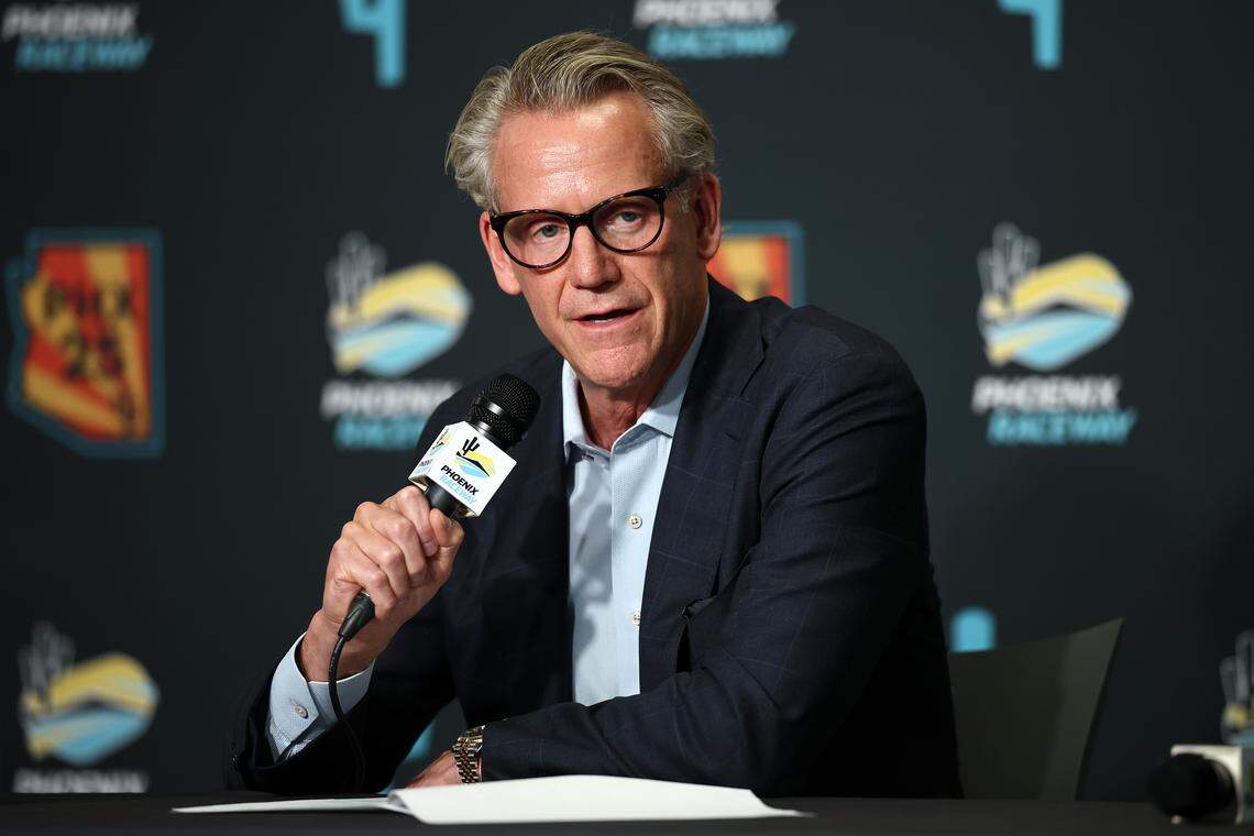 NASCAR commissioner Steve Phelps speaks to the media during the NASCAR annual “state of the sport” press conference on Oct. 31, 2025, at Phoenix Raceway.