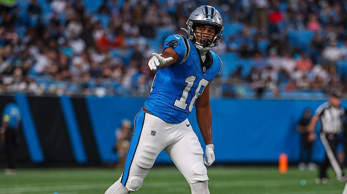 CHARLOTTE, NORTH CAROLINA - AUGUST 08: Jalen Coker #18 of the Carolina Panthers lines up for a play during the first half of an NFL Preseason 2025 game against the Cleveland Browns at Bank of America Stadium on August 08, 2025 in Charlotte, North Carolina. (Photo by David Jensen/Getty Images)