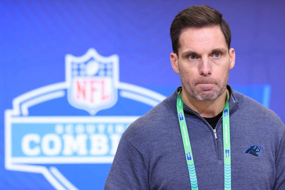 Carolina Panthers general manager Dan Morgan speaks to the media during the NFL Scouting Combine on Feb. 24, 2026, at the Indianapolis Convention Center.
