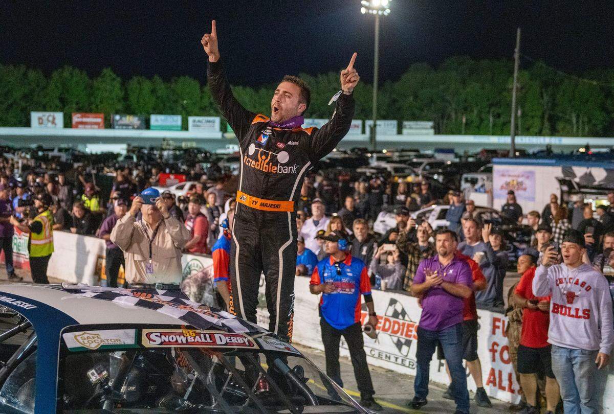 Ty Majeski celebrates after winning the 56th Annual Snowball Derby at Five Flags Speedway Sunday, December 3, 2023.