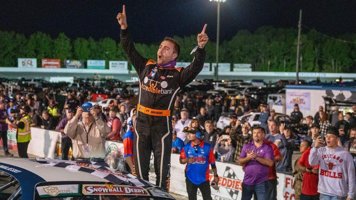 Ty Majeski celebrates after winning the 56th Annual Snowball Derby at Five Flags Speedway Sunday, December 3, 2023.