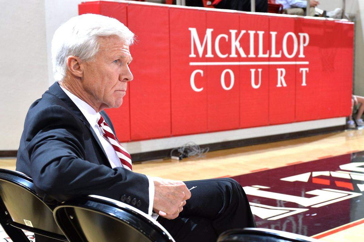 Davidson head coach Bob McKillop waits for tip-off prior to the first half of A-10 men’s basketball action against George Washington at Belk Arena on Wednesday, January 10, 2018 in Davidson, North Carolina.