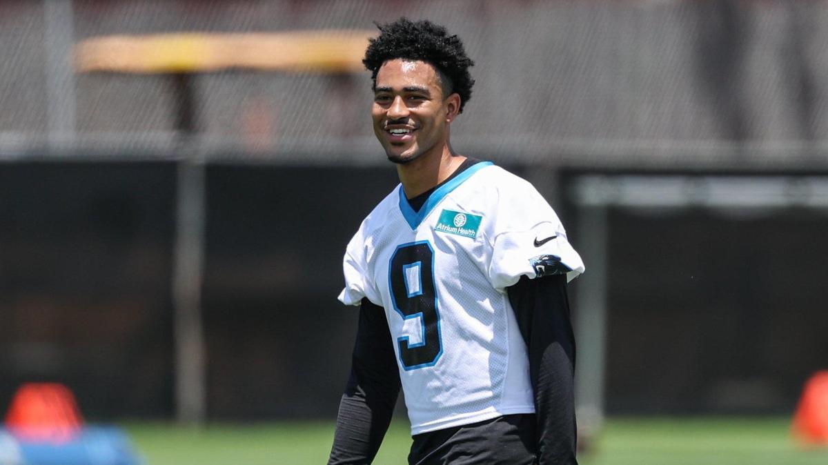 Panthers quarterback Bryce Young gives a big smile to teammates during the second day of minicamp in Charlotte, NC on Wednesday, June 11, 2025.