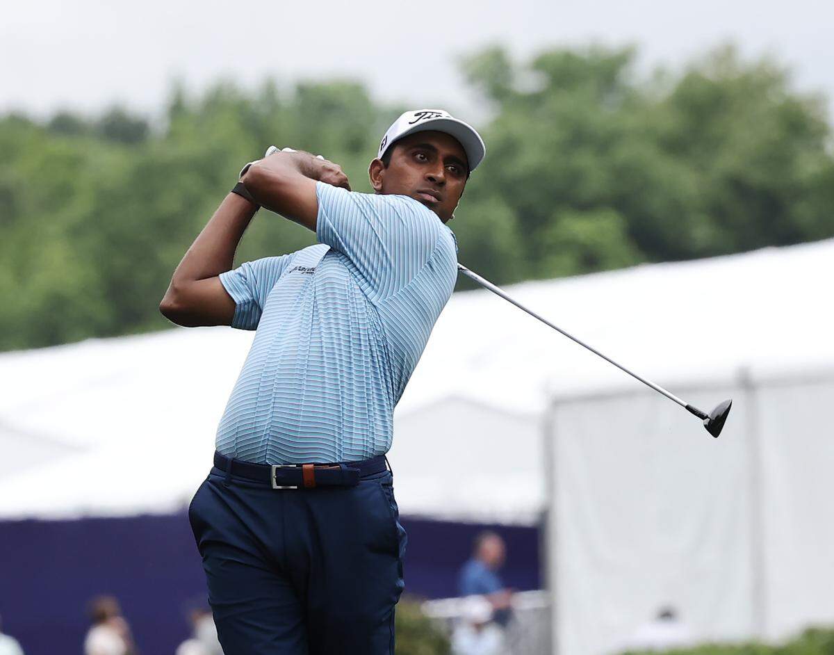 Sudarshan Yellamaraju of Ontario watches his shot during the 2026 Truist Championship at the Quail Hollow Club on Thursday, May 7.