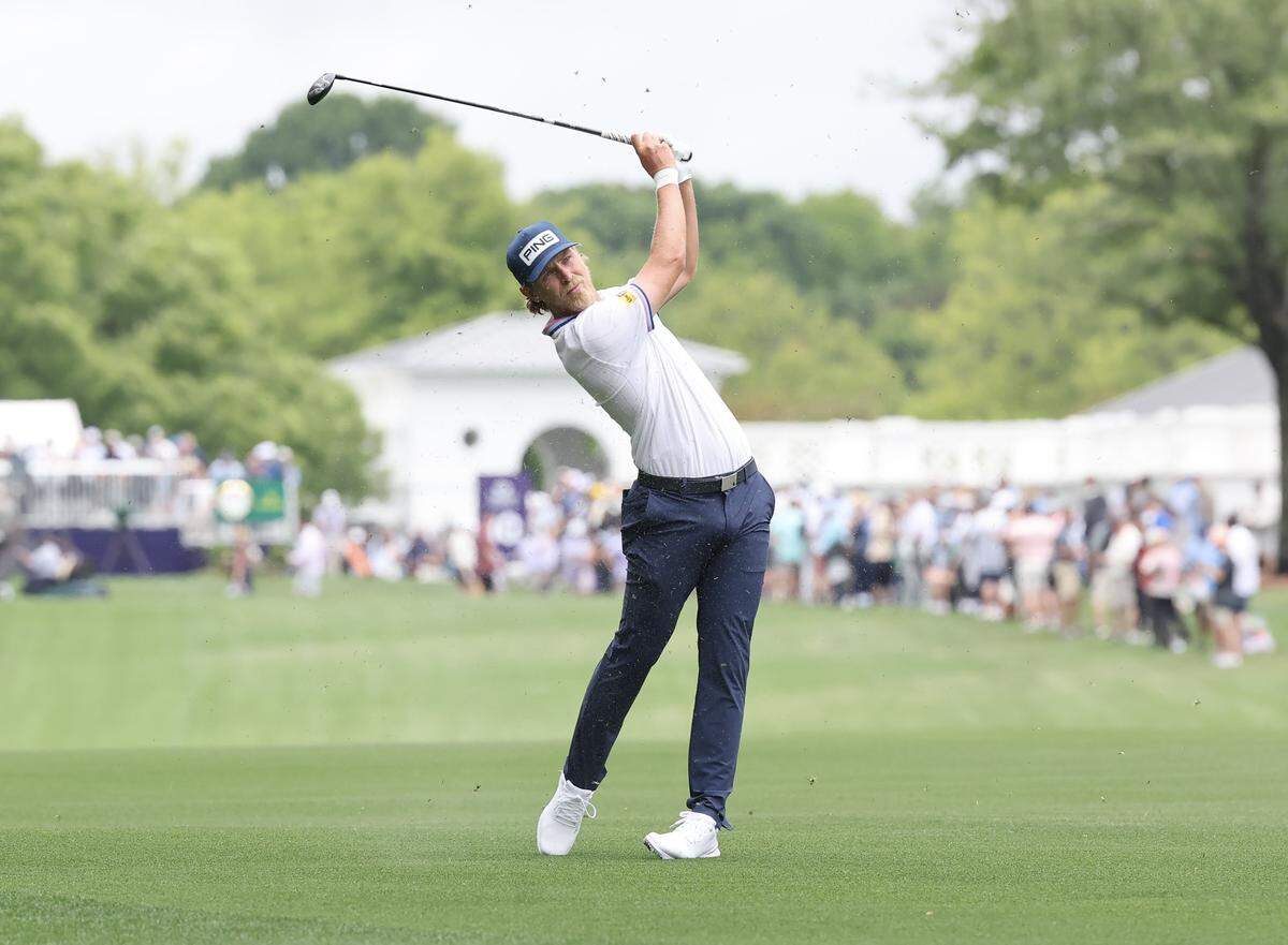 Kristoffer Reitan of Norway swings from the fairway during the 2026 Truist Championship at Quail Hollow Club in Charlotte on Thursday, May 7.