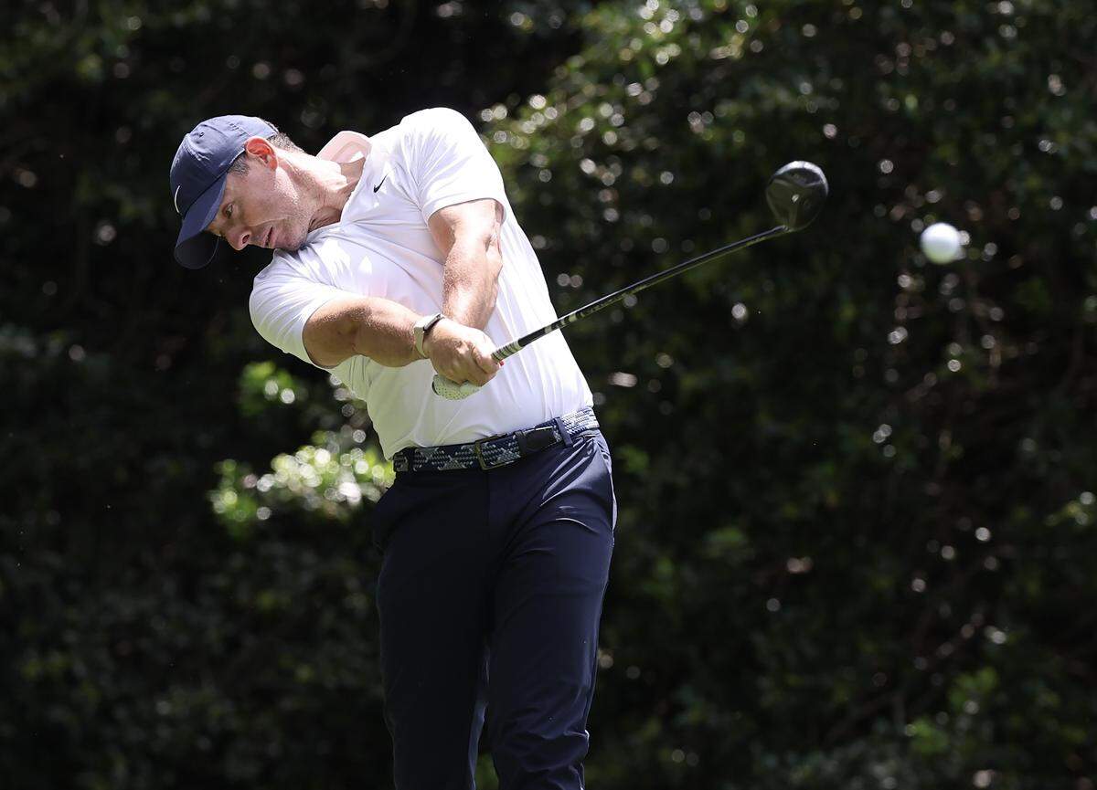 Rory McIlroy drives the ball at the 2026 Truist Championship at the Quail Hollow Club in Charlotte on Thursdsay, May 7.