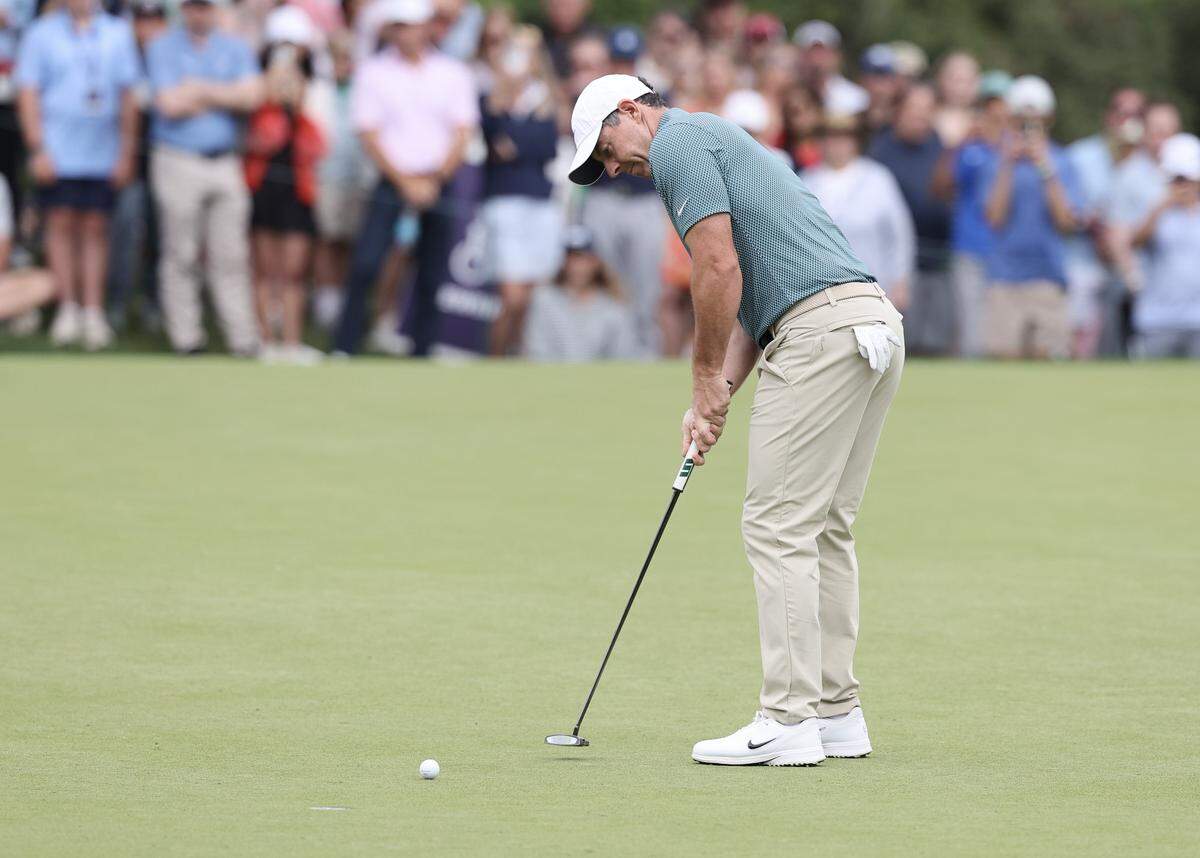 Rory McIlroy of Northern Ireland putts the ball Saturday, May 9 during the third round of the 2026 Truist Championship at the Quail Hollow Club in Charlotte.