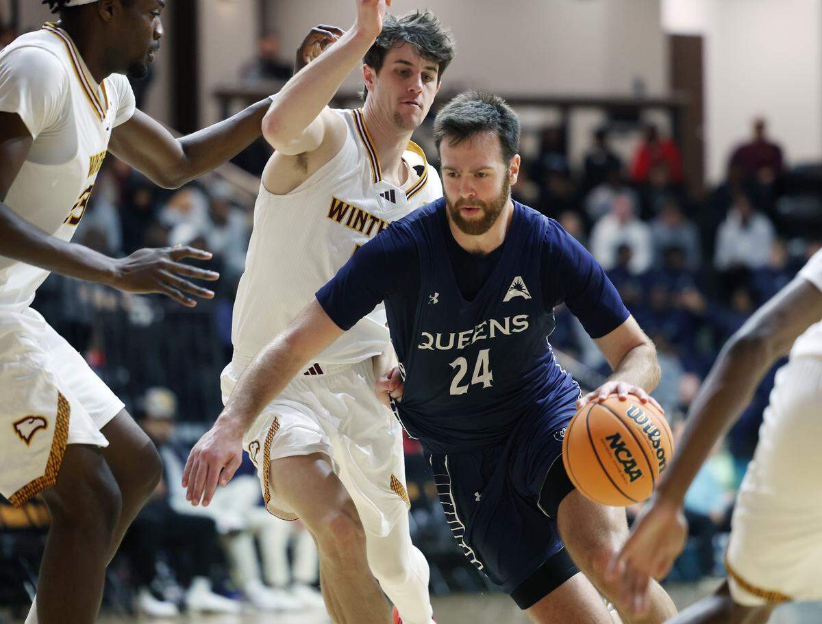 Queens University's Yoav Berman heads to the basket on Monday at the Rock Hill Sports and Event Center. Berman led Queens with 19 points.