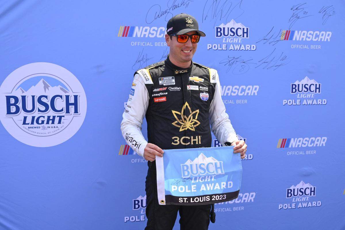 Jun 3, 2023; Madison, Illinois, USA; NASCAR Cup Series driver Kyle Busch (8) poses for a photo after winning the pole award after practice and qualifying at World Wide Technology Raceway. Mandatory Credit: Joe Puetz-USA TODAY Sports
