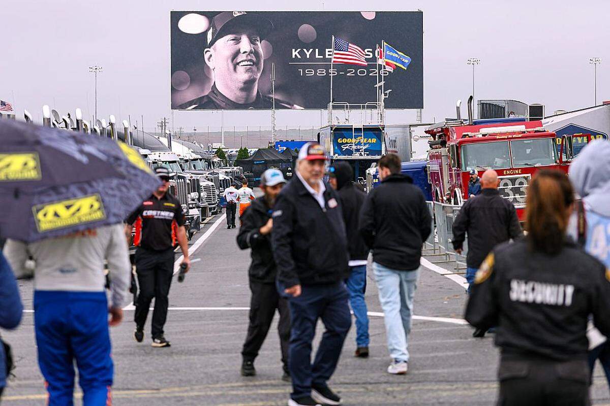 A general view of an LED screen displaying a tribute to Kyle Busch prior to practice for the NASCAR Craftsman Truck Series North Carolina Education Lottery 200 at Charlotte Motor Speedway on May 22, 2026 in Concord, North Carolina.