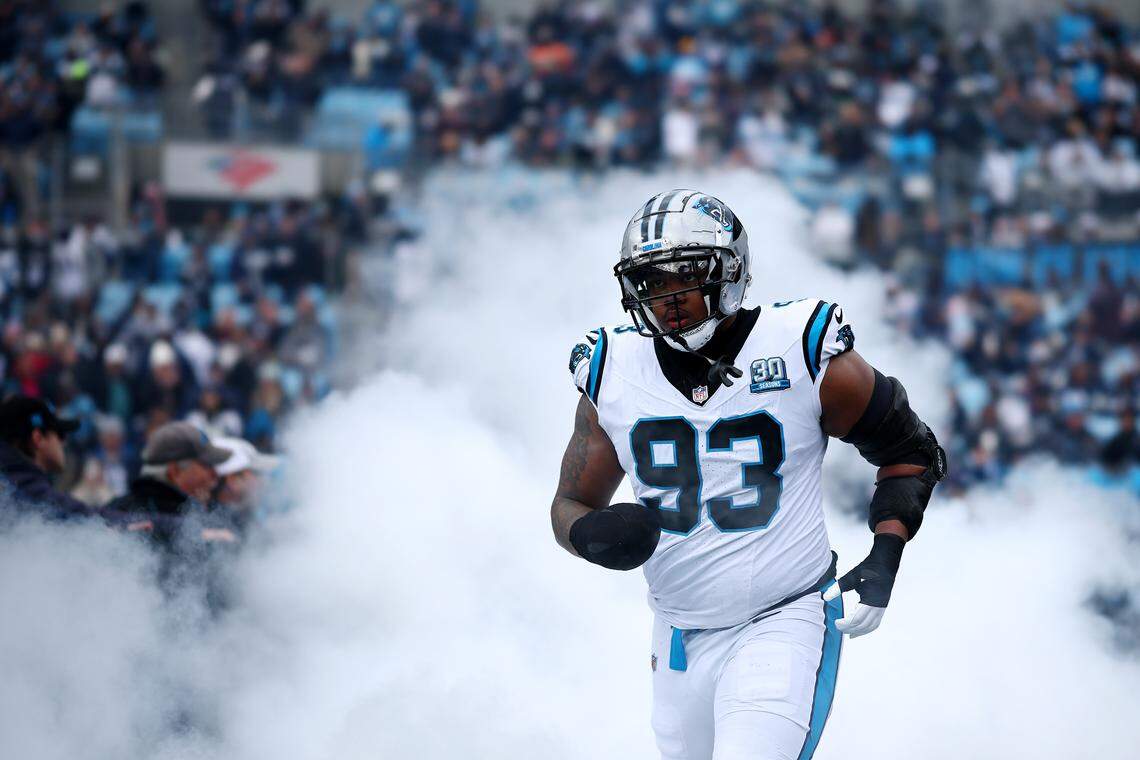 Carolina Panthers defensive end LaBryan Ray is introduced prior to the game against the Dallas Cowboys at Bank of America Stadium on December 15, 2024 in Charlotte, North Carolina.