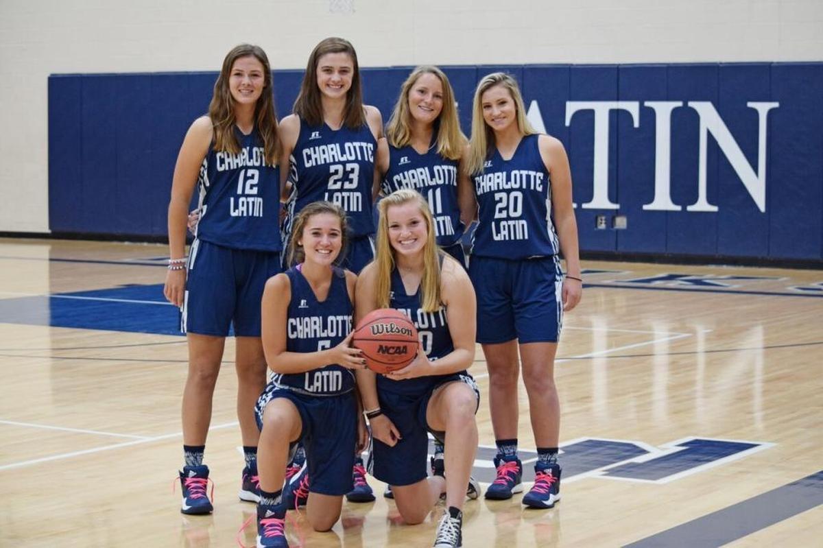 Charlotte Latin’s girls basketball team: (back row, left to right) Ruthie Jones #12, Kathryn Vandiver #23, Grace Armstrong #11, Anna Barnhardt #20; (front row, left to right) Caitlin Ahearn #5, Claudia Dickey #30. Their individual photos are labeled with their names.