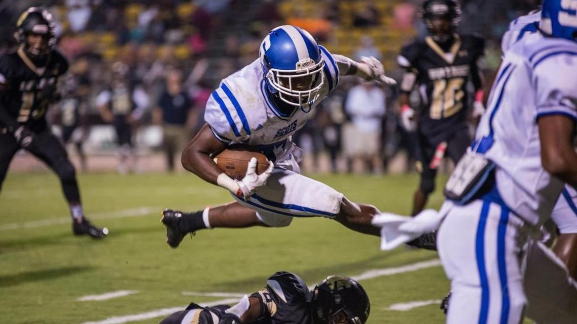 Scotland High running back Zamir White leaps for yardage during his sophomore season in 2015, when he rushed for 2,159 yards on 260 carries and scored 41 touchdowns. He is considered one of the nation’s top college football prospects in the 2018 high school class.
