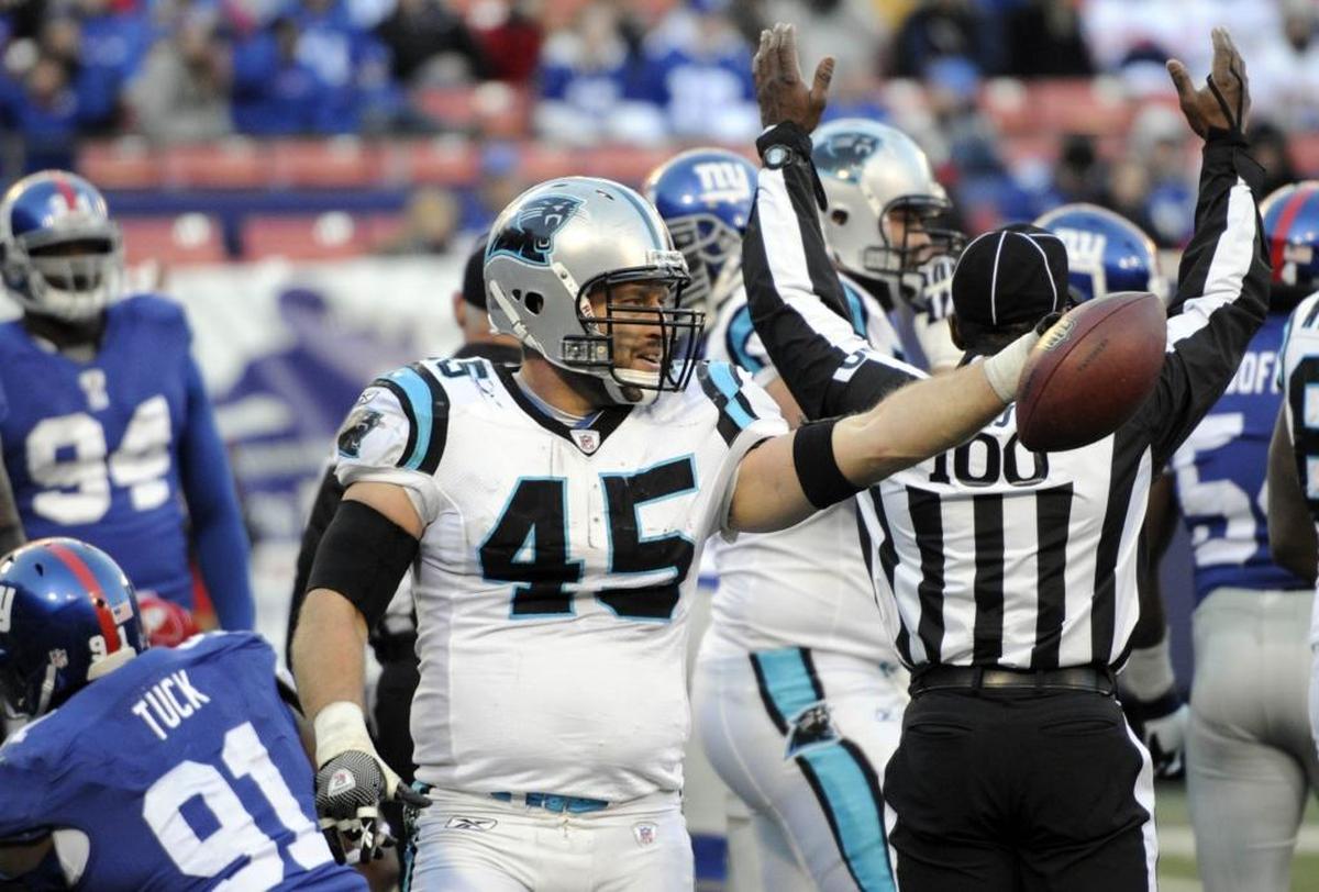 Former Carolina Panthers fullback Brad Hoover (45) is shown here after scoring a touchdown against the New York Giants at Giants Stadium in 2009. The Panthers won 41-9.
