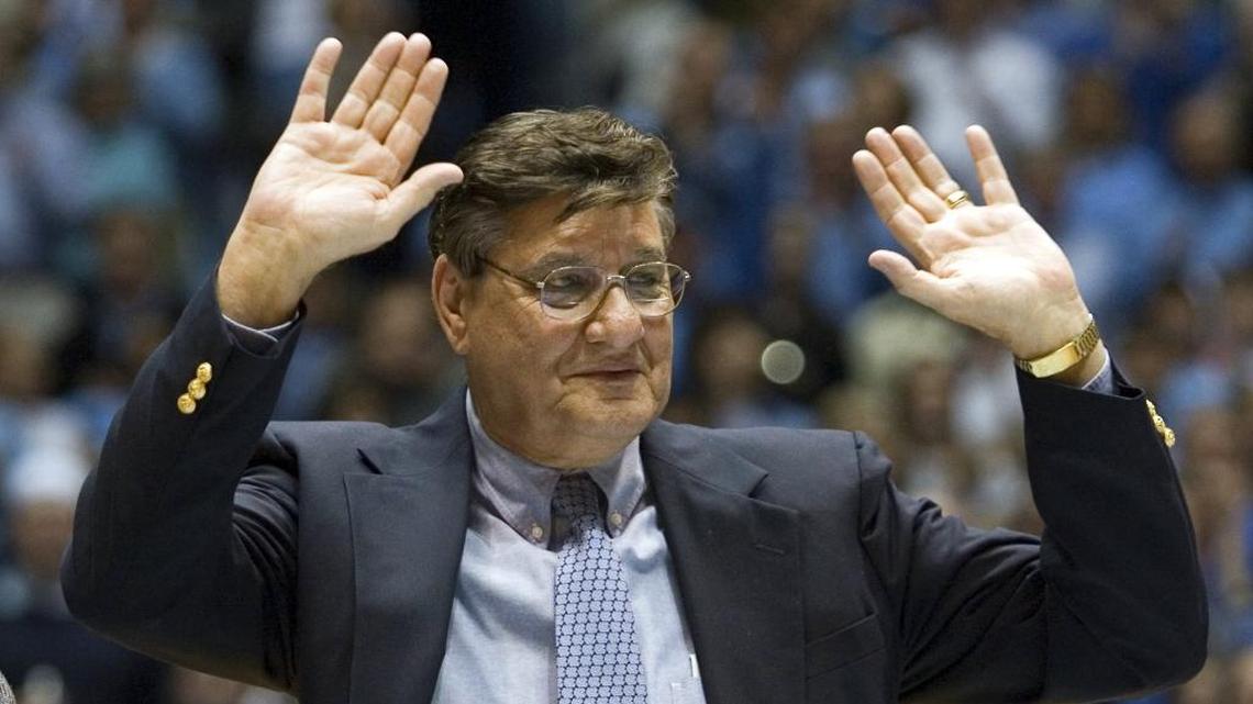 Lennie Rosenbluth acknowledges the crowd in the Smith Center during a ceremony honoring the 1957 Tar Heels. Rosenbluth was the 1957 player of the year.