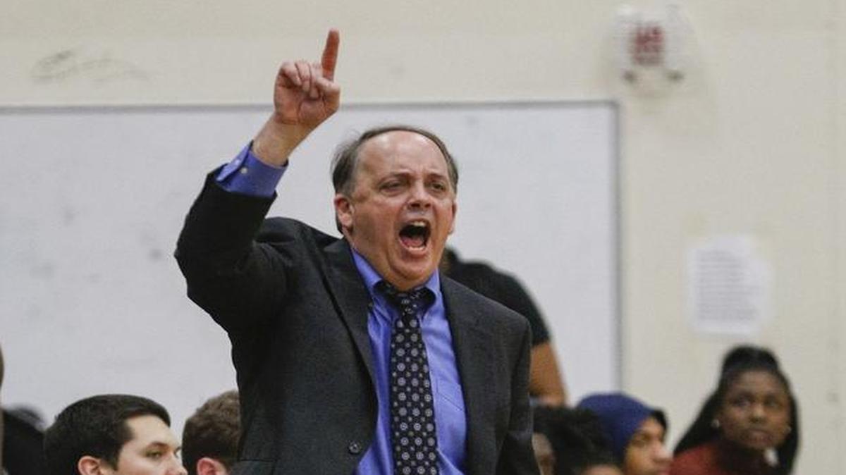 Mallard Creek coach Jon Hancock directs his team as they play West Charlotte in the first half of high school basketball action in Charlotte, N.C., Friday, Jan. 20, 2017. (Nell Redmond photo)