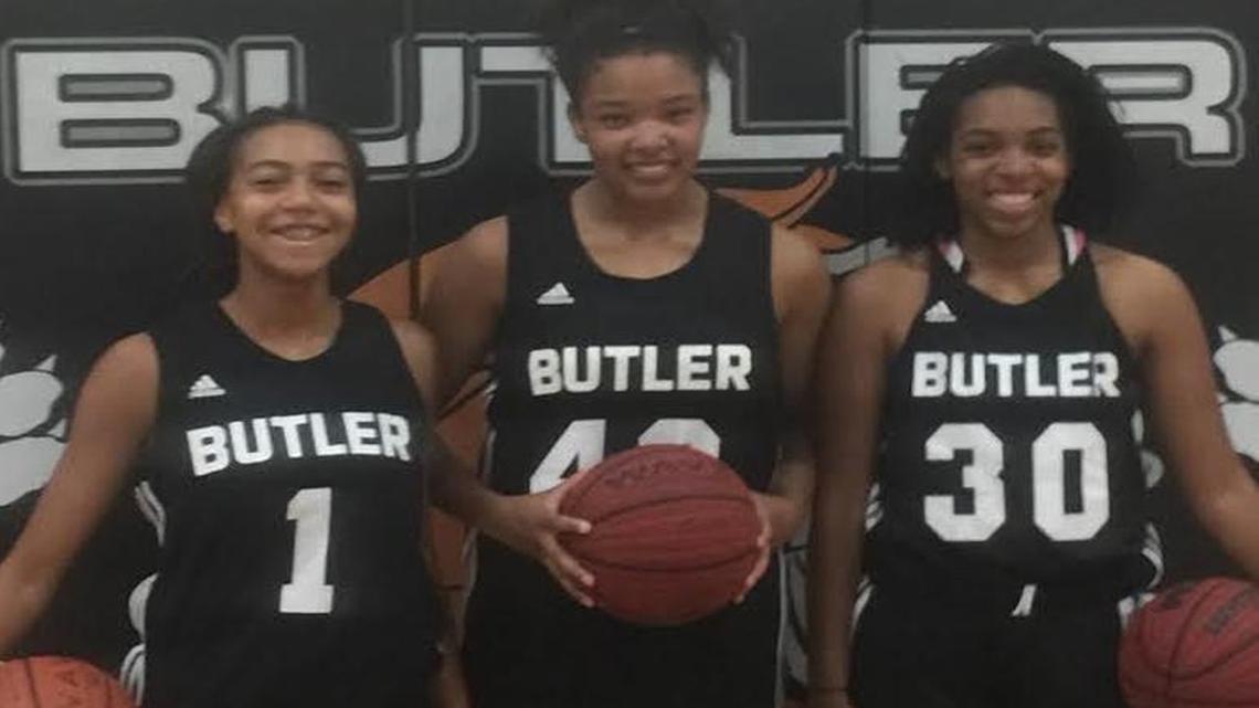 Butler High girls basketball returness include Left to Right: Rinnah Green (1); Tia Thompson (40); Meghan Flowers (30).
