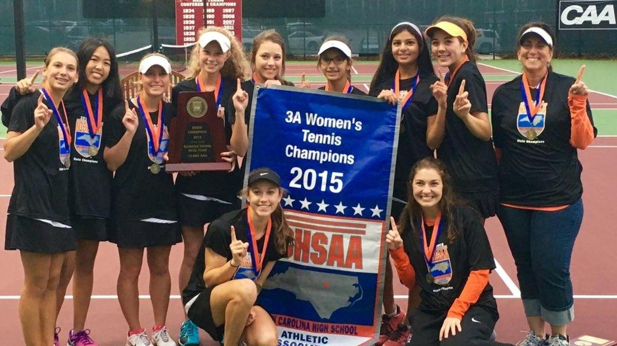 Marvin Ridge’s tennis team celebrates winning the NCHSAA 3A state title Sunday