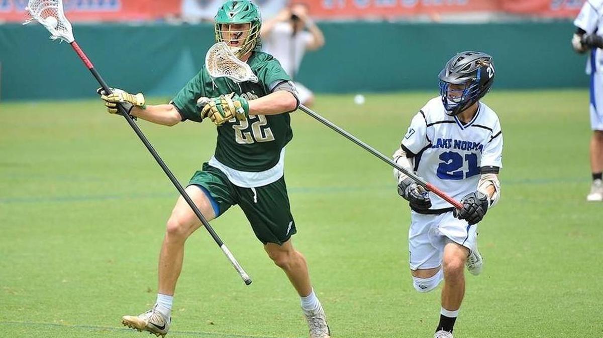 Cardinal Gibbons' Jack Biestek (22) controls the ball while defended by Lake Norman's Brandon Garcia (21). The Lake Norman Wildcats and the Cardinal Gibbons Crusaders met in the finals of the NCHSAA 4A lacrosse championships at WakeMed Soccer Park in Cary, N.C. on May 21, 2016. Cardinal Gibbons wins 14-8. STEVEN WORTHY newsobserver.com