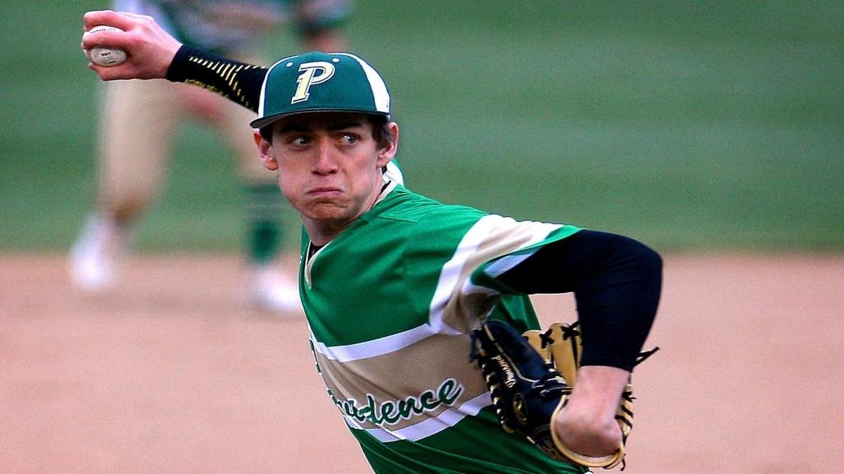 Providence Panthers pitcher Timmy Townsend delivers a pitch to an Ardrey Kell batter during prep baseball action on Friday, March 17, 2017 at Providence High School.