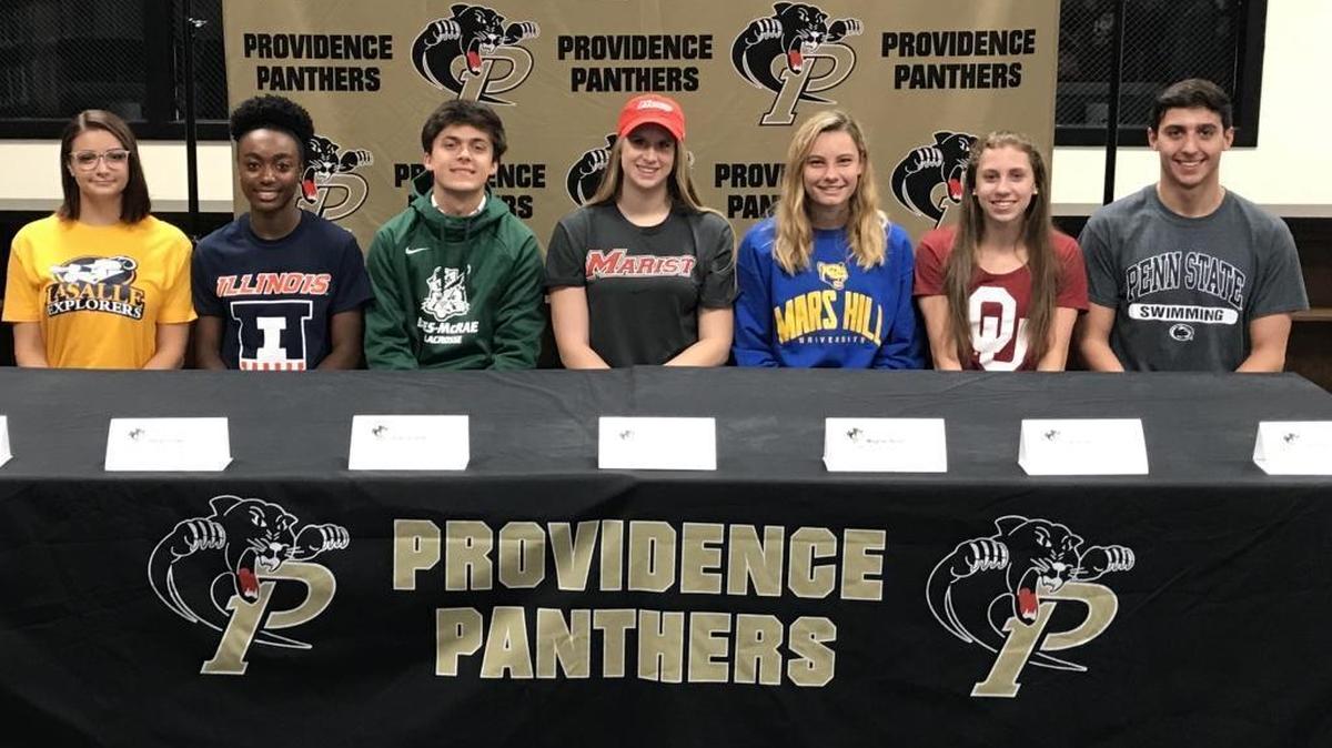 Providence High’s college signees Wednesday included Ashley Cruise -- Marist College - Volleyball’ Teddy Perelli -- Penn State - swim; Grace Hill -- La Salle University - Rowing; Allie Stern -- Univ. Oklahoma - gymnastics; Zaria Dunlap -- Univ. of Illinois - Softball; Jack Callahan -- Lees-McRae College - Lacrosse; and Meghan Noon --Mars Hill University - X Country