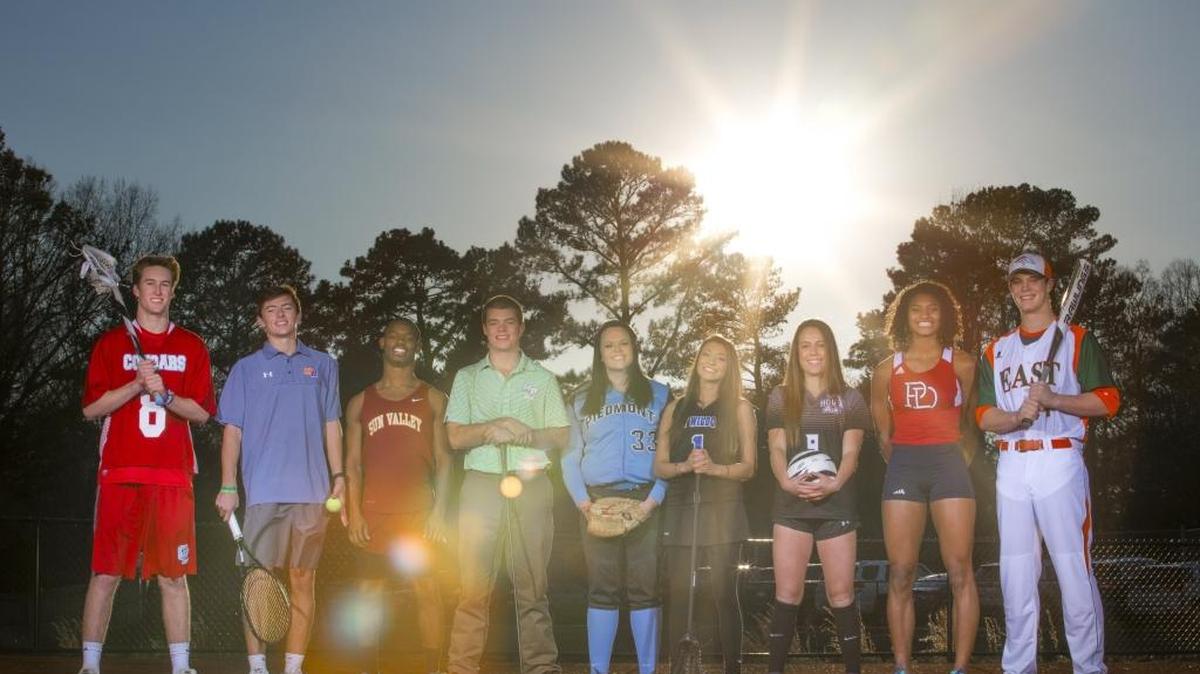 Charlotte Observer spring sports athletes from left: Jackson Harris, 19, a senior lacrosse player from Charlotte Catholic High School, George Lovitt, 18, a senior tennis player from Marvin Ridge High School, P.J. Lotharp, 18, a senior track and field runner from Sun Valley High School, Walker Simas, 17, a senior golfer from Myers Park High School, Cristi Pressley, 18, a senior softball pitcher from Piedmont High School, Carly Vaccaro, 17, a senior lacrosse player from Lake Norman High School, Ashlynn Serepca, 15, a sophomore soccer player from Hough High School, Anna Cockrell, 18, a senior track and field hurdler from Providence Day School and Chris Cox, 18, a senior baseball player from East Lincoln High School. Image shot Thursday, February 11, 2016 at Providence Day School. Photo by JASON E. MICZEK - www.miczekphoto.com