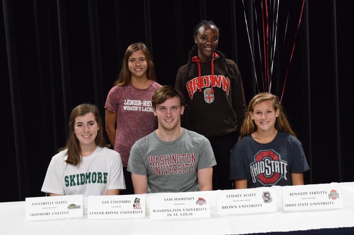 Charlotte Latin’s players signing with colleges Wednesday included Annabelle Oates (Skidmore College, field hockey); Gia Colombo (Lenoir-Ryhne, women’s lacrosse); Sam Mahoney (Washington University in St. Louis, men’s swimming); Sydney Scott (Brown University, women’s track and field); Kennedy Fertitta (Ohio State, field hockey)