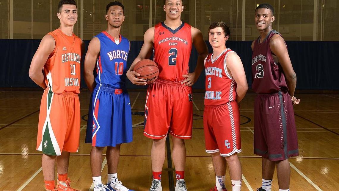 All-Observer boys’ basketball team: From left, Sage Surratt, East Lincoln; Davion Mintz, North Mecklenburg; Grant Williams, Providence Day; Josh Brodowicz, Charlotte Catholic; Lavar Batts, Concord Robinson.
