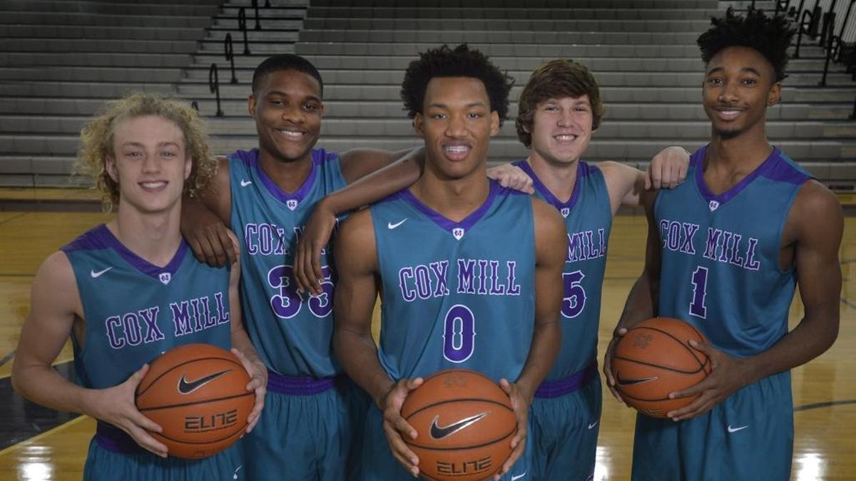 Cox Mill High's starting 5 basketball players for the upcoming season. (L to R) Cody Cline, Caleb Stone-Carrawell, Wendell Moore, Joel Hall, Rechon "Leaky" Black.