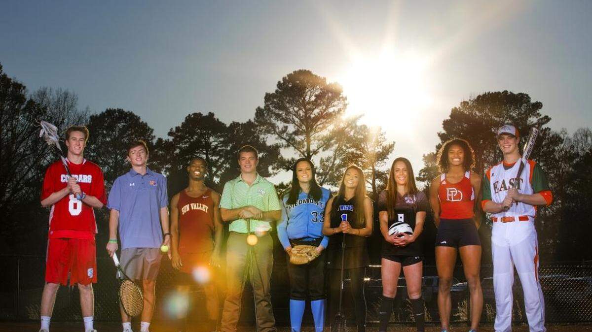 Charlotte Observer spring sports athletes from left: Jackson Harris, 19, a senior lacrosse player from Charlotte Catholic High School, George Lovitt, 18, a senior tennis player from Marvin Ridge High School, P.J. Lotharp, 18, a senior track and field runner from Sun Valley High School, Walker Simas, 17, a senior golfer from Myers Park High School, Cristi Pressley, 18, a senior softball pitcher from Piedmont High School, Carly Vaccaro, 17, a senior lacrosse player from Lake Norman High School, Ashlynn Serepca, 15, a sophomore soccer player from Hough High School, Anna Cockrell, 18, a senior track and field hurdler from Providence Day School and Chris Cox, 18, a senior baseball player from East Lincoln High School. Image shot Thursday, February 11, 2016 at Providence Day School. Photo by JASON E. MICZEK - www.miczekphoto.com