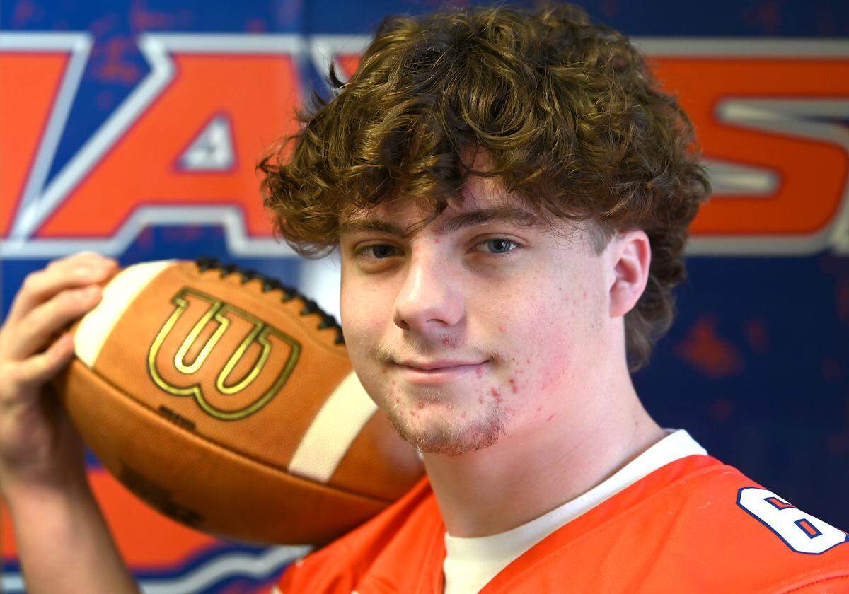 Marvin Ridge High linebacker Brady Morgan on Thursday, November 13, 2025. Morgan and his teammates will be facing Weddington High in prep football action on Friday, November 14, 2025. Morgan is the son of former NFL linebacker and Carolina Panthers President of Football Operations/General Manager Dan Morgan.