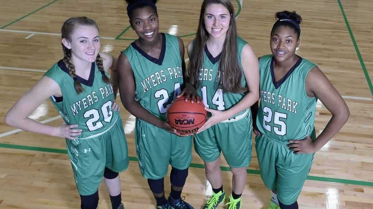 Myers Park High girls basketball team star players from left, McKenna Haire, Chanin Scott, Stuart Ayer, Kianna Funderburk. The Mustangs beat rival Butler Friday