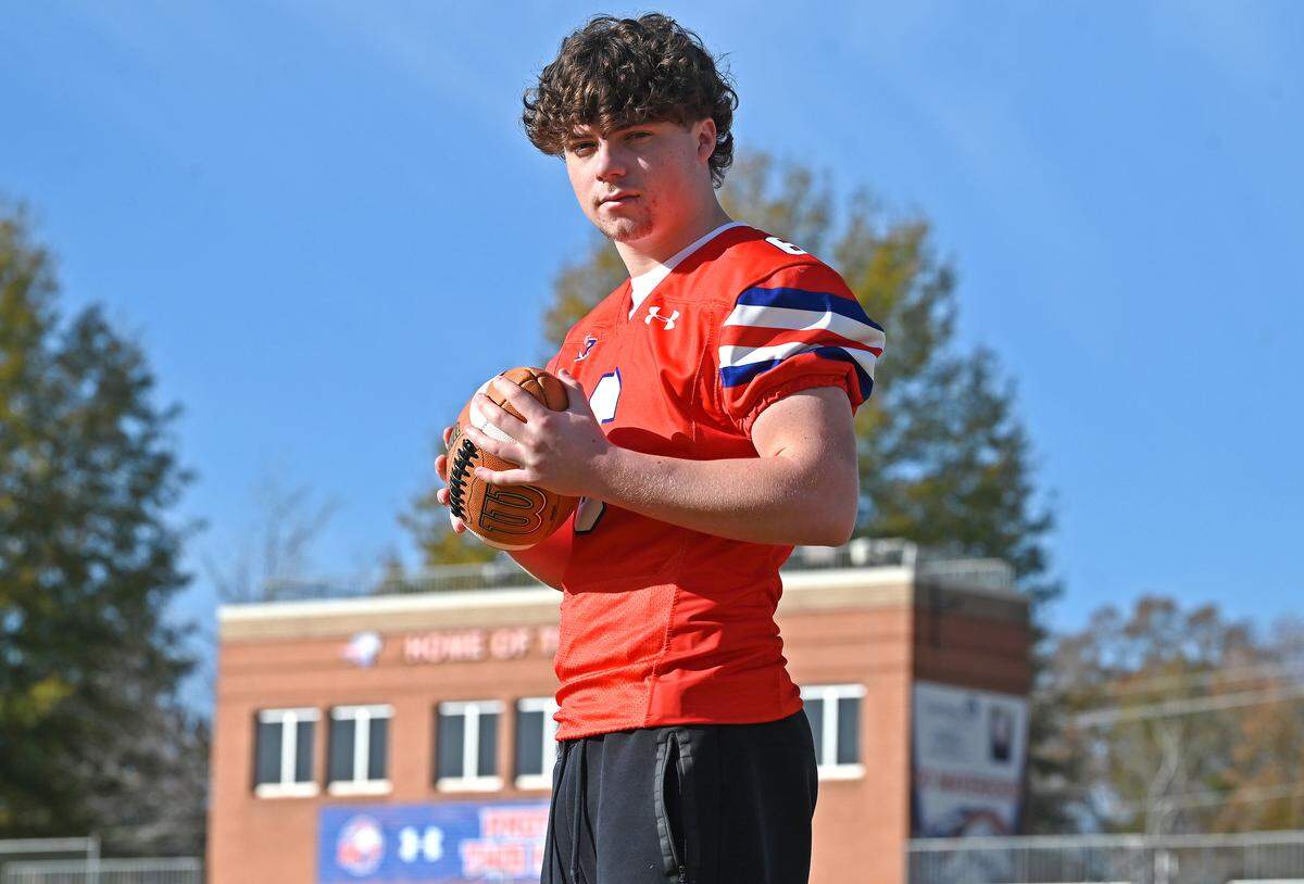 Marvin Ridge High linebacker Brady Morgan on Thursday, November 13, 2025. Morgan and his teammates will be facing Weddington High in prep football action on Friday, November 14, 2025. Morgan is the son of former NFL linebacker and Carolina Panthers President of Football Operations/General Manager Dan Morgan.