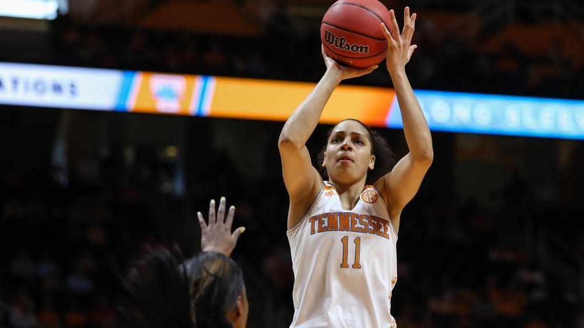 KNOXVILLE,TN - FEBRUARY 01, 2015 - Cierra Burdick #11 of the Tennessee Lady Volunteers during the game between the Mississippi State Bulldogs and the Tennessee Lady Volunteers at Thompson Boling Arena in Knoxville, TN. Photo By Donald Page/Tennessee Athletics