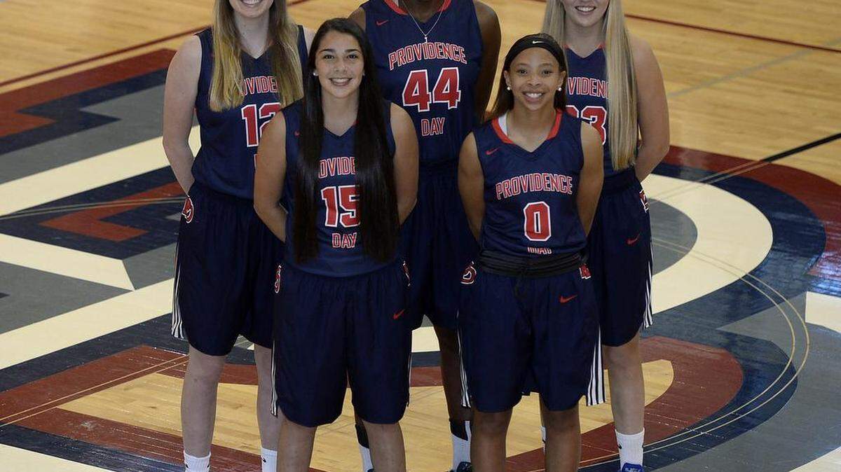 Providence Day’s starters are Izzy Gallant (15), Kennedy Boyd (0), Erin Whalen (12, back left), Janelle Bailey (44) and Celine Ives (33).