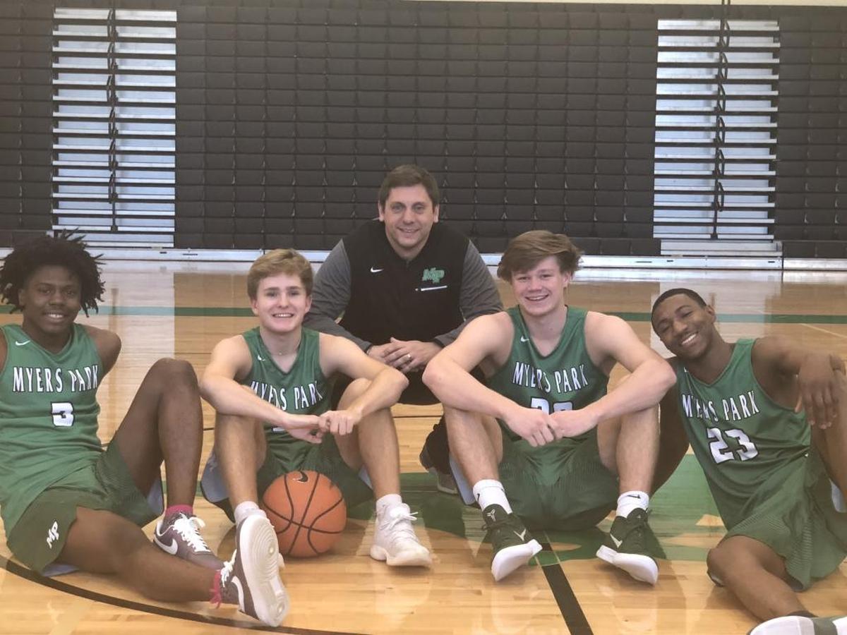 Myers Park High basketball players (right to left) Caleb McReed, Jake Rutledge, Will Turner and John Ingram have helped the program win 10 of its last 12 games heading into Friday’s conference game with rival East Meck.