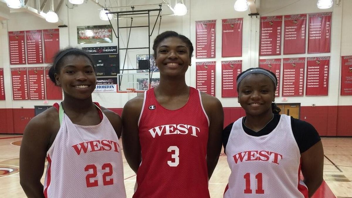 Chanin Scott of Myers park, Ra'shika White of Berry and Chantel Williams of Mallard Creek are playing the East-West girls all-star game Monday night. Myers Park’s Barbara Nelson is coach of the West team