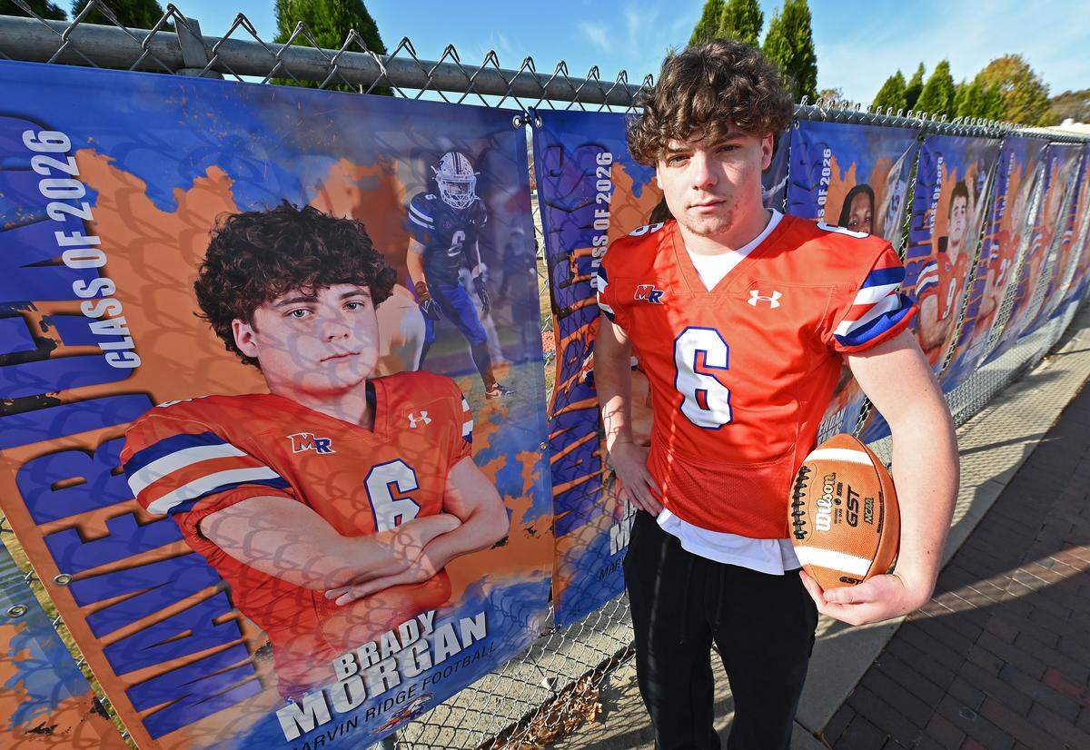Marvin Ridge High linebacker Brady Morgan on Thursday, November 13, 2025. Morgan and his teammates will be facing Weddington High in prep football action on Friday, November 14, 2025. Morgan is the son of former NFL linebacker and Carolina Panthers President of Football Operations/General Manager Dan Morgan.
